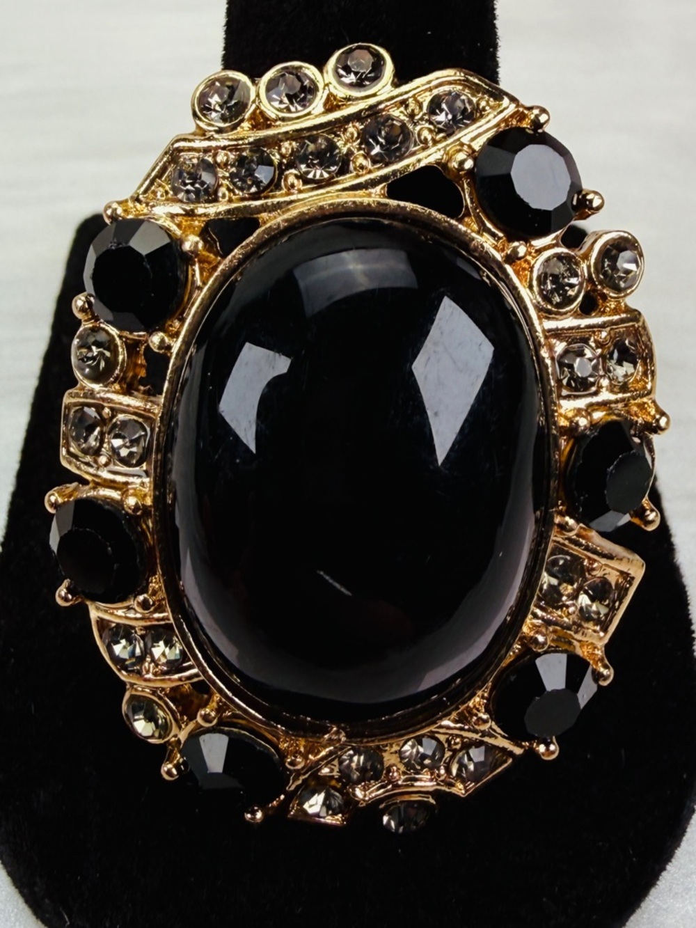Goldtone, black bling, size 9 statement ring